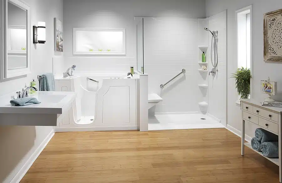 Walk in tub in a modern bathroom remodeled by Earl's Plumbing in Lubbock, TX